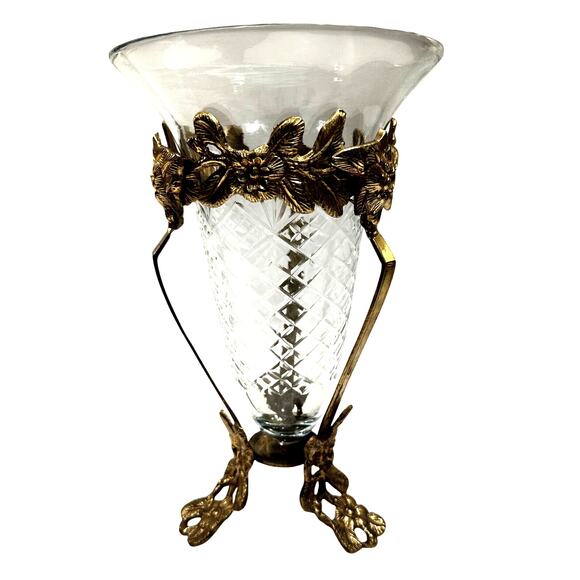 Intricate Ornate Floral Brass Stand Diamond Pattern Clear Glass Flared Cone - Picture 6 of 6